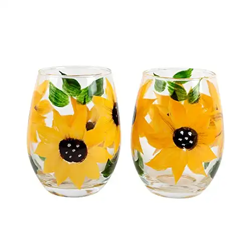 Market Street Gallery - Hand-Painted Sunflower Stemless Wine Glass Set - Rustic Country Farmhouse Decor - Kitchen Gift, Set of 2