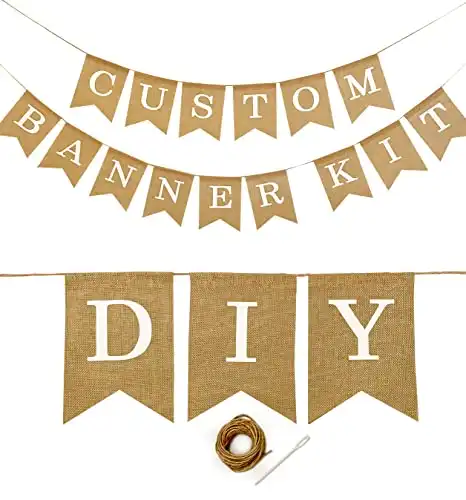 Custom Banner Kit, 95 Burlap Flags, White Printed Letters Numbers & Symbols, String & Needle, DIY Customizable Personalized Banner, Faux Imitation Burlap Banner, Birthday Wedding Party Decorat...