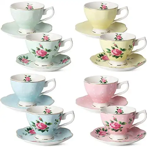 BTaT- Floral Tea Cups and Saucers, Set of 8 (8 oz) Multi-Color with Gold Trim and Gift Box, Coffee Cups, Floral Tea Cup Set, British Tea Cups, Porcelain Tea Set, Tea Sets for Women, Latte Cups
