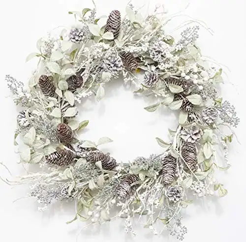 Winter Front Door Wreath 26 Inch Winter Birch Wreath White Berry Wreath with Iced Pine Cones, Holly Leaf, Branch White Winter Christmas Wreaths for Front Door or Indoor Wall Window Thanksgiving Décor