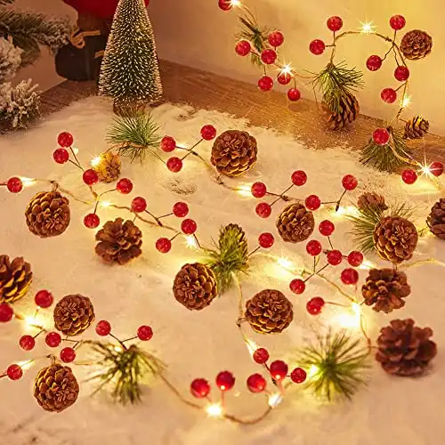 Christmas Lights, Garland with Lights, Fairy LED Lights, Decoration Pinecone Berries Indoor and Outdoor, Winter Holiday New Year Decor. Battery Powered (2M 20 Lights) (Pine Cone)