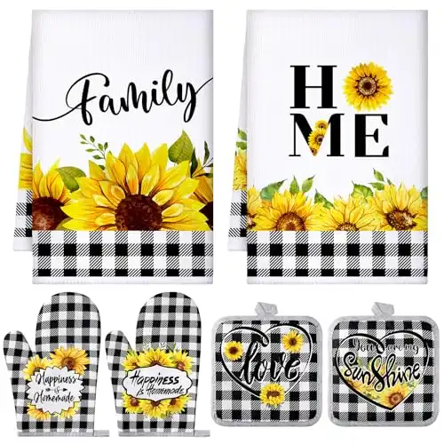 Leinuosen 6 Floral Plant Oven Mitts and Pot Holders Sets Farmhouse Kitchen Towels Absorbent Dish Towels for Cooking Baking Grilling(Plaid Sunflower)