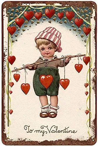 Dreacoss Cute Boy with Hearts Vintage Tin Sign Valentine Metal Sign Valentine's Day Gift Wall Decor for Home Office Bedroom Living Room Coffee Bar Club Pub Decor Housewarming Gift 12X8 Inch