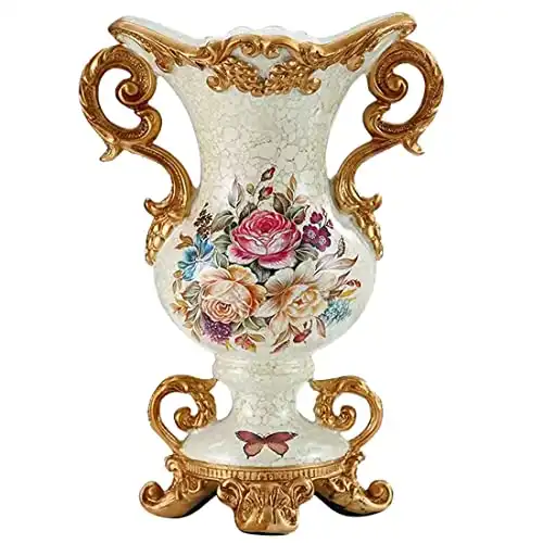 Mtoye European Style Vintage Resin Large Flower Vases for Centerpiece Table Decorations Dining Living Room,8.6" x 12" x 6.1" White，Gold