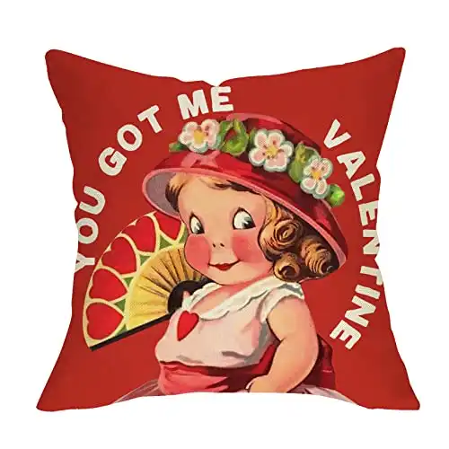 Ussap Valentine's Day Girl Love Throw Pillow Cover, You Got Me Valentine Cute Retro Doll Red Holiday Home Decorations, Heart Love Gift Farmhouse Cushion Case Sofa Couch Decor Cotton Linen 18x18