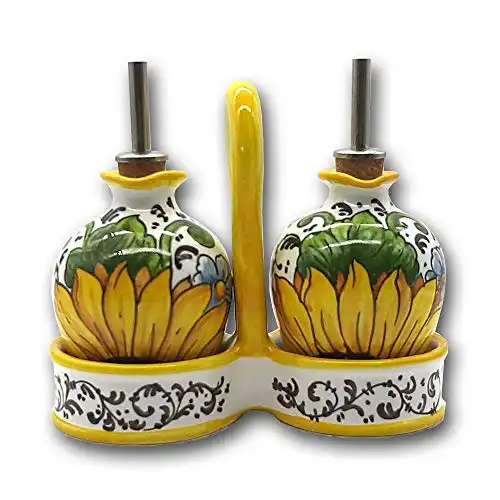 Italian Ceramic oil and vinegar dispenser set Sunflowers Design - 7 oz Hand Painted oil vinegar for Kitchen - Made in ITALY Tuscany - Italian Pottery oil and vinegar bottles - Home Decor Ceramics