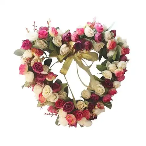 Rose Flowers Wreath Heart-Shaped Garland Wreath Vintage Art Simulation Floral Artificial Wreath for Home Wedding Decoration (Yellow)