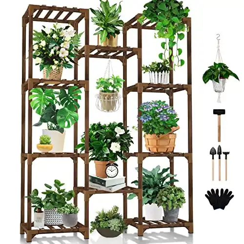 Uneedem Plant Stand Indoor Outdoor, Tall Plant Shelf for Multiple Plants, 10 Tiers 11 Pot Large Plant Rack Wood Plant Holder Plant Shelves for Room Corner Balcony Garden Patio