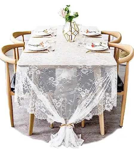 BOXAN 60x120 Inch Gorgeous White Lace Tablecloth Overlay Rose Vintage Embroidered, Romantic Boho Wedding Reception Table Decor, Baby & Bridal Shower Décor, Elegant Chic Outdoor Tea Party Tablecov...