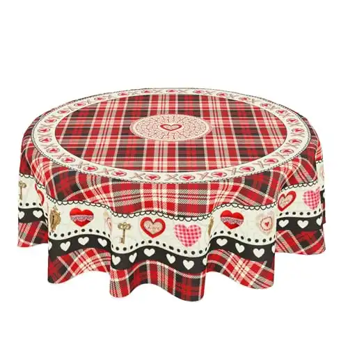 Sweetshow Valentine Tablecloth Round 60 Inch Buffalo Plaid Red Heart Table Cloth Washable Vintage Valentine's Day Table Cover Decorative for Home Kitchen Dining Indoor Outdoor Party Picnic Home D...