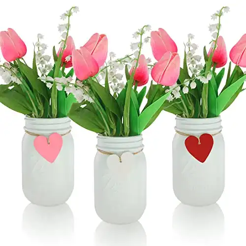 SEMONONIA Valentines Day Decor - 3PCS Mason Jar Christmas Centerpieces Artificial Tulips for Farmhouse Kitchen Bathroom Home Dinning Table Tiered Tray Halloween Christmas Halloween Decorations