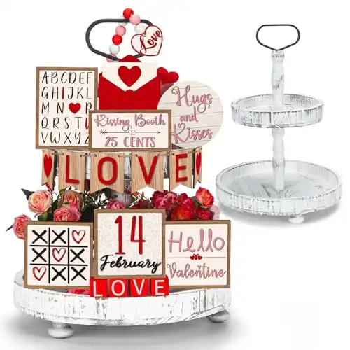 FairySandy 19 Pcs Valentine's Day Tiered Tray Decorations Set with Wooden Block Sign Wood Valentine's Day Tabletop Table Decoration for Valentine's Day Winter Home Office Farmhouse