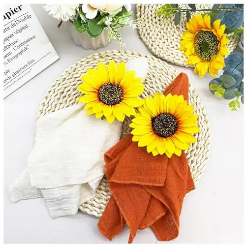 WINGFISH Sunflower Napkin Rings Set of 12 Fower Farmhouse Napkin Rings Bulk for Dinning Table Decoration, Rustic Autumn Floral Napkin Ring Holders for Party Gathering Banquet Wedding Birthday