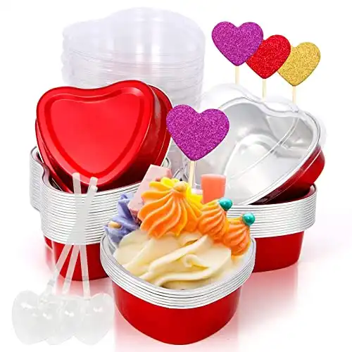 Heart Shaped Cake Pans Valentine Aluminum Mini Cake Pans with Lids for Baking 30 Packs 3.4 Ounces Disposable Cupcake Cup Pan Baking Pans for Valentine Mother's Day Wedding Birthday Baking Supplie...