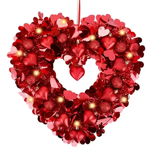 Colovis Valentine's Day Wreath, 14" Heart Shaped Wreath for Front Door Valentines Door Wreath with LED Lights for Indoor Outdoor Home Wedding Party Decorations