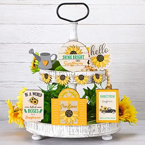 7 Pieces Summer Tiered Tray Decor Set Summer Wood Sign Rustic Farmhouse Decor Wooden Kitchen Tiered Tray Sign Decorative Trays Signs for Summer Home Kitchen Table Shelf (Sunflower Style)