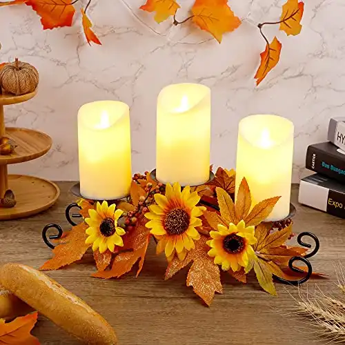 FORUP Harvest Centerpiece, Thanksgiving Candle Holders, Thanksgiving Tabletop Sunflower Centerpiece with 3 Candle Holders, Metal Maple Leaf Candleholder for Home Party Thanksgiving Mantel Decorations