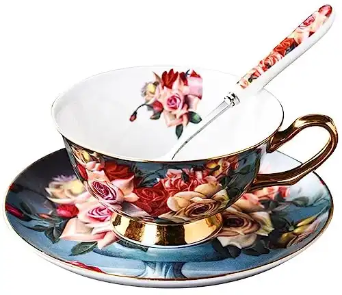 YBK Tech Euro Style Bone China Cup& Saucer Set, Ceramic Tea Coffee Cup for Home Kitchen Wedding (Vintage Rose Pattern)