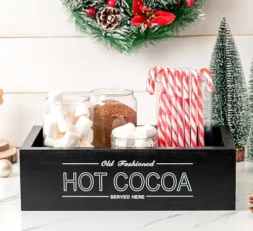 Rmeosye Hot Cocoa Bar Wood Storage Box Christmas Decorations Wooden Organizer Bins Tray Decorative Open Holder Box Decor for Xmas Home Kitchen Office Farmhouse Gift Holiday Party Supplies (Black)