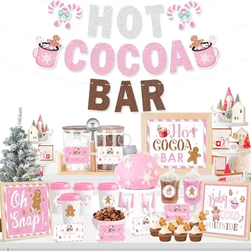 Hot Cocoa Bar Kit Pink Hot Cocoa Bar Banner Cute Gingerbread Man Sign Oh Snap Toppings Tent Cards Cup Tags Stickers for Winter Baby Shower Christmas Party Baby It's Cold Outside Decorations