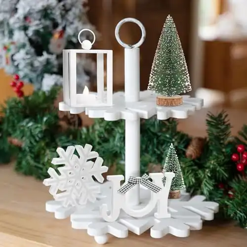 GENMOUS Christmas Tiered Tray Decor Mini Items Set For 2 Tiered Tray Stand Decoration, White Christmas Indoor Decor, Christmas Farmhouse Wooden Tiered Tray Decor Set For Winter Room Table Mantle Decor