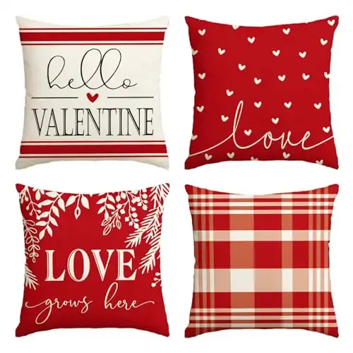 AVOIN colorlife Valentine's Day Red and White Love Throw Pillow Covers, 18 x 18 Inch Hello Valentine Plaid Wedding Cushion Case Decoration for Sofa Couch Set of 4