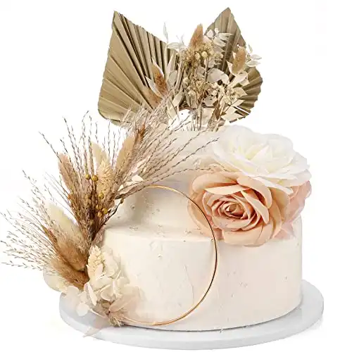 XunYee 31 Pcs Boho Cake Topper Decorations Vintage Dried Pampas Cake Toppers with Wreath Hoop Dried Flower Cake Topper for Bohemian Wedding Bridal Birthday Party Supplies (Beige Series)