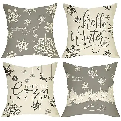 Fjfz Hello Winter Grey White Decorative Throw Pillow Cover 18x18 Set of 4, Baby It's Cozy Inside Christmas Snowflake Home Decorations, Pine Tree Holiday Reindeer Farmhouse Cushion Case Decor for ...