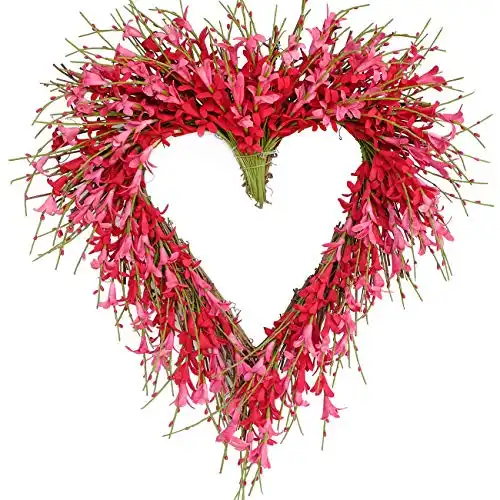 Bibelot Heart Shaped Valentine's Day Wreath Pink Forsythia Flower Wreath Mother's Day Wreath Wall Door Hanging Decor Valentine's Day Wedding Decoration…