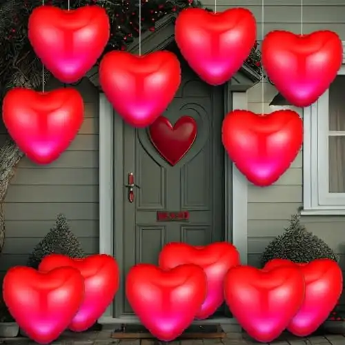Jetec 12 Pcs 9'' Valentine's Day Inflatable Heart Blow up Outdoor Decorations with LED Lights PVC Valentines Outdoor Heart Hanging Ornament for Valentine's Day Wedding Anniversary ...
