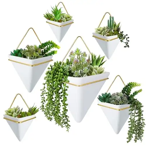 15 Pcs Hanging Wall Planters Indoor with Artificial Plant Include Geometric Vase Pot (8.2/5.9/4 Inch Size) Indoor Ceramic Wall Holder and Mini Fake Succulent Plant for Home Decoration