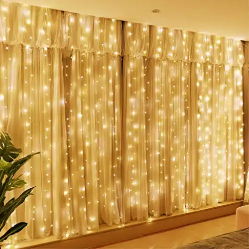 HXWEIYE 300LED Fairy Curtain Lights, 9.8x9.8Ft Warm White USB Plug in 8 Modes Christmas String Hanging Lights with Remote for Bedroom, Indoor, Outdoor, Weddings, Party