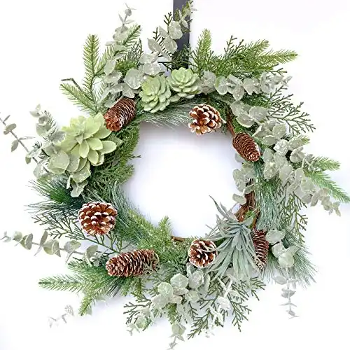 idyllic 22 Inches Greenery Wreath Snowy Pine Cone Grapevine Wreath Artificial Winter Garlands for Front Door Indoor Wall Decor for Home Office Decoration with Floral Swags and Pine Branches