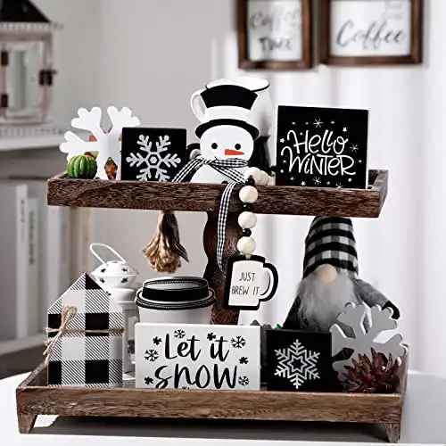Sawysine 8 Pieces Christmas Winter Tiered Tray Decor Let It Snow Sign Winter Decor Farmhouse Snowflake Wooden Signs for Christmas Gift Winter Holiday Shelf Kitchen Coffee Bar Home Table(Black White)