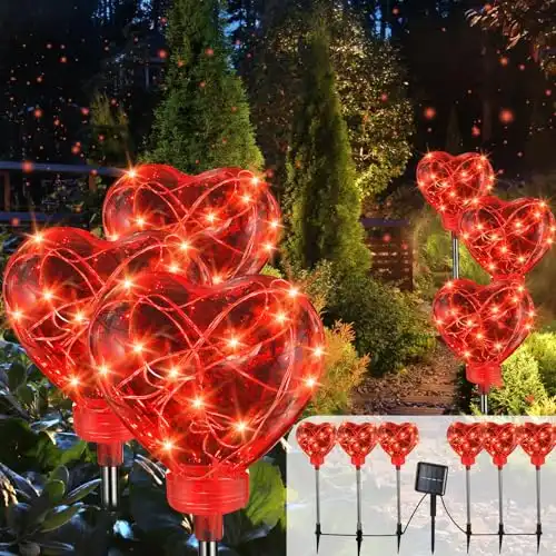 Rossesay 6 Pack Valentine's Day Solar Stake Lights Outdoor Waterproof Garden Heart LED Light with 8 Modes 11.8ft Solar String Lights Pathway Lights for Walkway Yard Backyard Lawn Patio Decoration