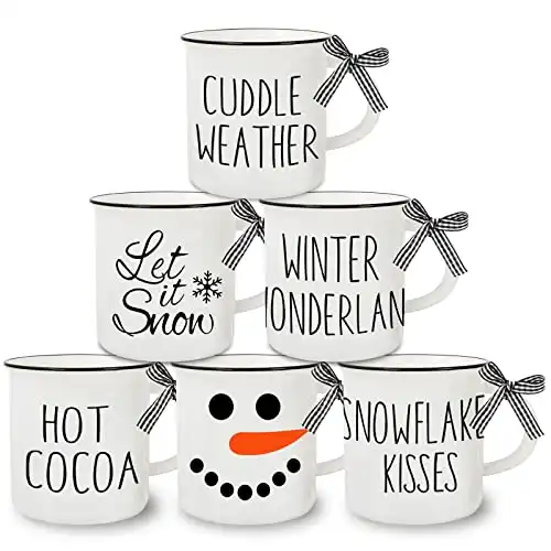 Whaline 6Pcs Winter Mini Coffee Mug with Ribbon Tiered Tray Decor White Snowman Let it Snow Drinking Mug for Winter Christmas Table Centerpieces Decorations Housewarming Gift