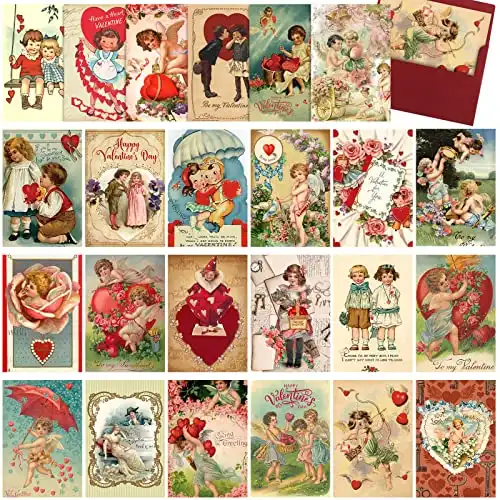 24 Pcs Vintage Valentine's Cards Valentine's Day Cards with Envelopes Retro Victorian Valentine Cards Assorted Greeting Cards for Classroom Exchange Wedding Engagement Anniversary (Kids Styl...