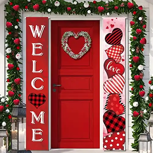 2 Pcs Valentine's Day Door Banner Decoration Valentine Hanging Front Porch Welcome Sign Red Buffalo Plaid Love Heart Banner Romantic for the Home Wall School Office Indoor Outdoor Party Supplies ...