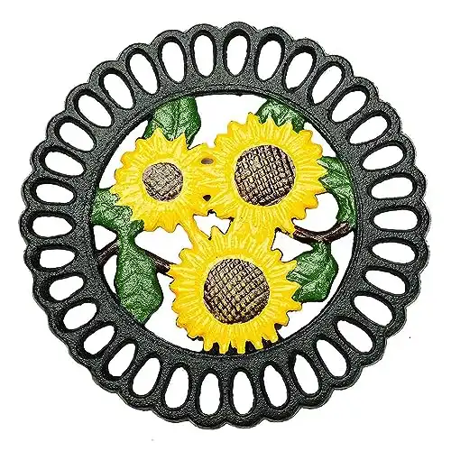 Sungmor Heavy Duty Cast Iron Trivet,Decorative Painting Trivet for Kitchen or Dinning Table,7.5x7.5 Inch - Round with Vintage Lovely Sunflower Pattern
