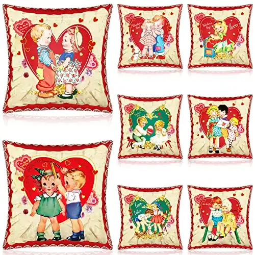 Frienda 8 Pcs Vintage Retro Valentine's Day Throw Pillow Covers Rustic Valentines Pillow Cases Romantic Decorative Cushion Cases for Couch Sofa Bed Decorations, 18 x 18 Inch