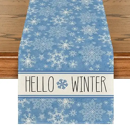 Artoid Mode Hello Winter Snowflake Blue Christmas Table Runner, Seasonal Xmas Holiday Kitchen Dining Table Decoration for Indoor Outdoor Home Party Decor 13 x 72 Inch