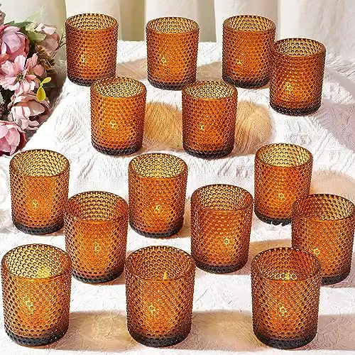 12pcs Vintage Amber Votive Candle Holders, Amber Glass Tealight Candle Holders for Party Home Centerpieces Table, Boho Tea Lights Candle Holder for Wedding Decorations