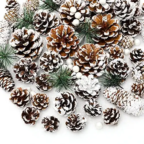 Whaline 170Pcs Christmas Pine Cones Berry Pine Branch Set Snow Pinecones Pendant White Winter Holiday Ornament for DIY Crafts Home Decorations Xmas Tree Gift Tag Party Supplies, Assorted Sizes