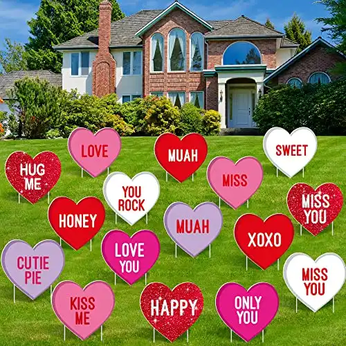 ADXCO 16 Piece Valentine Day Decorations Yard Signs Heart Shape Outdoor Yard Signs with Stakes 13 x 12 Inch Waterproof Heart Letter Yard Signs Lawn Yard Decorations for Wedding Anniversary Party