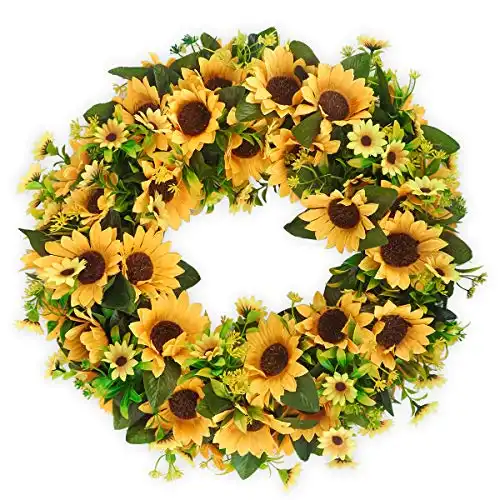 BOMAROLAN Artificial Sunflower Wreath 20 Inch Summer Fall Large Wreaths Springtime All Year Around Flower Green Leaves for Outdoor Front Door Indoor Wall Or Window Décor
