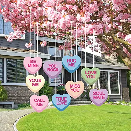 Whaline 18Pcs Valentine's Day Colorful Hearts Lawn Hanging Ornaments Outdoor Conversation Heart Shaped Plastic Label Tag with String for Wedding Yard Sign Lawn Porch Tree Craft Gift Decoration