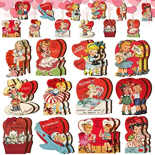 Glenmal 24 Pcs Vintage Valentine's Day Wood Ornaments Valentine's Tree Ornaments Happy Valentine's Day Tree Decoration Valentine's Signs for Valentine's Day Gift Home Tree Win...