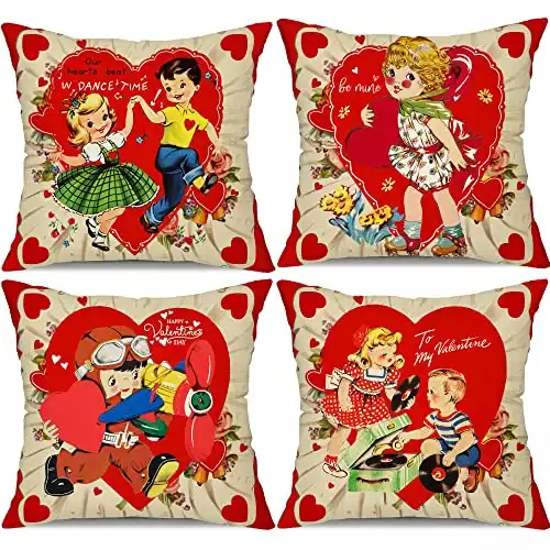 DFXSZ Valentines Day Pillow Covers 18x18 Inch Set of 4 Love Heart Hello Valentine Vintage Retro Throw Pillow Covers Happy Valentine Decorative Throw Pillows Valentines Day Decorations