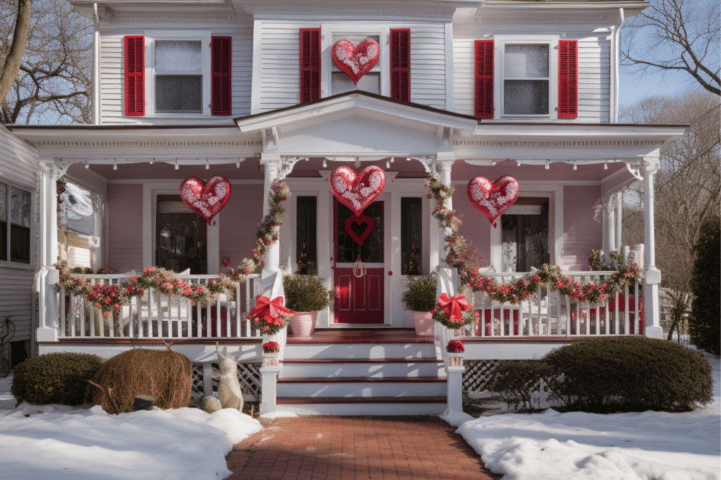 Outdoor Valentine's Day Decor Ideas with hanging hearts