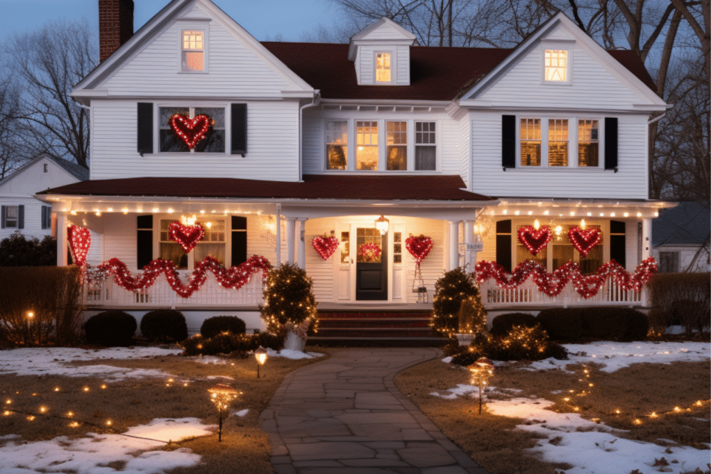 Outdoor Valentine's Day Decor Ideas with white lights and garland